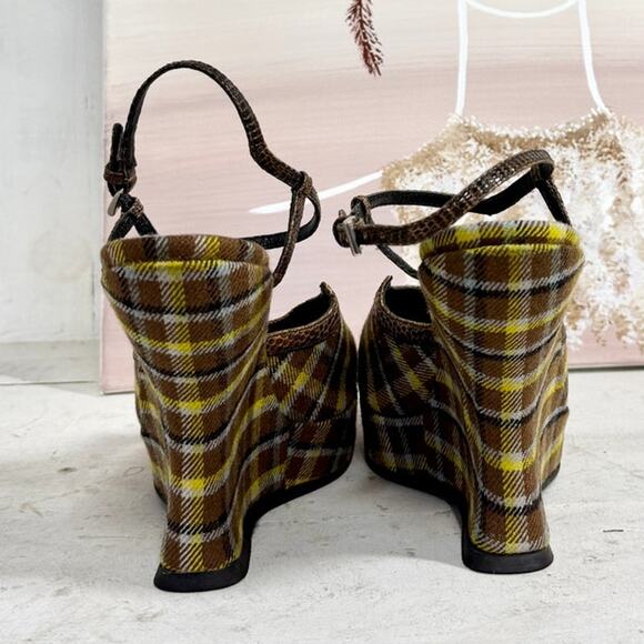 Prada Brown and Yellow Plaid Wedge Sandals - Picture 6 of 8